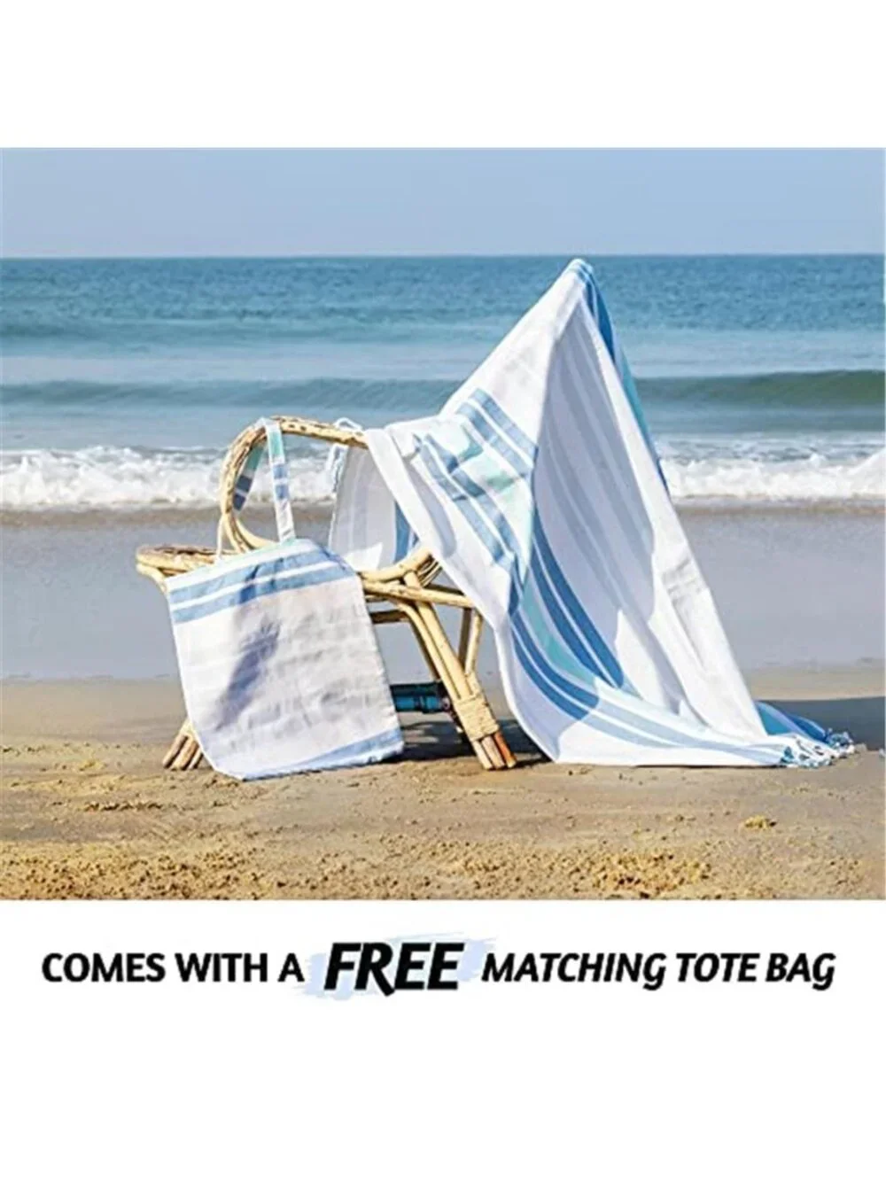 Turkish Beach Towel 40x72 Quick Dry Sandproof Lightweight Cotton Ocean Blue Bag